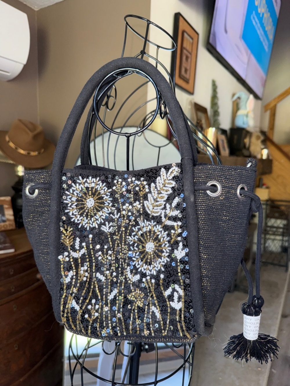 Embellished Black Sequin Floral Tote